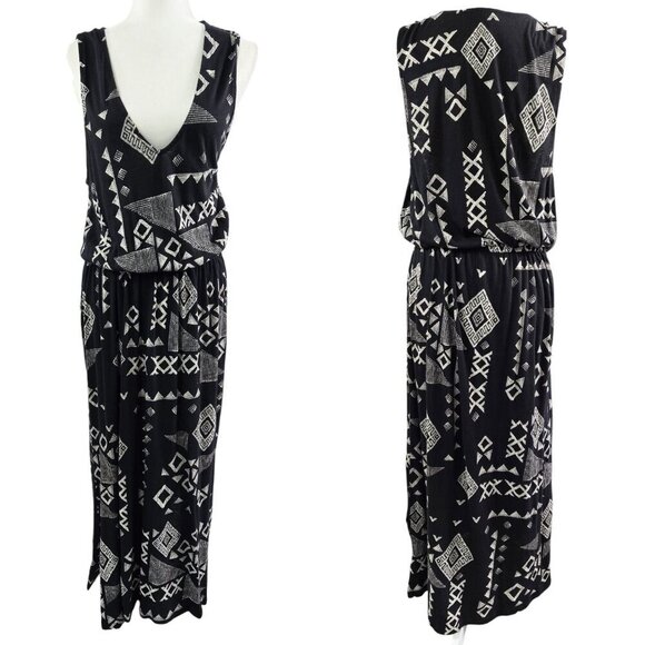 Lucky Brand Black Geometric Low V-Neck Sleeveless Maxi Dress Boho Tribal NO BELT - Picture 1 of 8